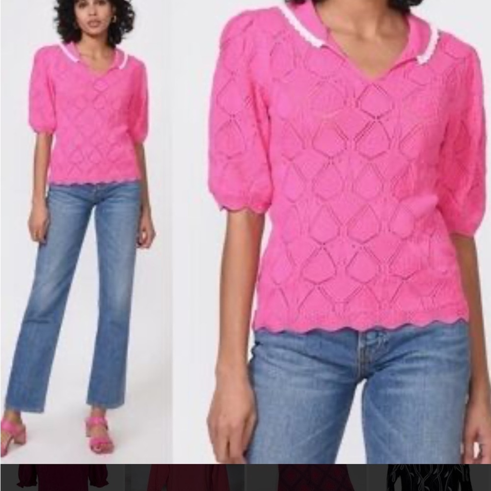 Greylin Hot Pink Openwork Knit Top with Lace Trim Collar